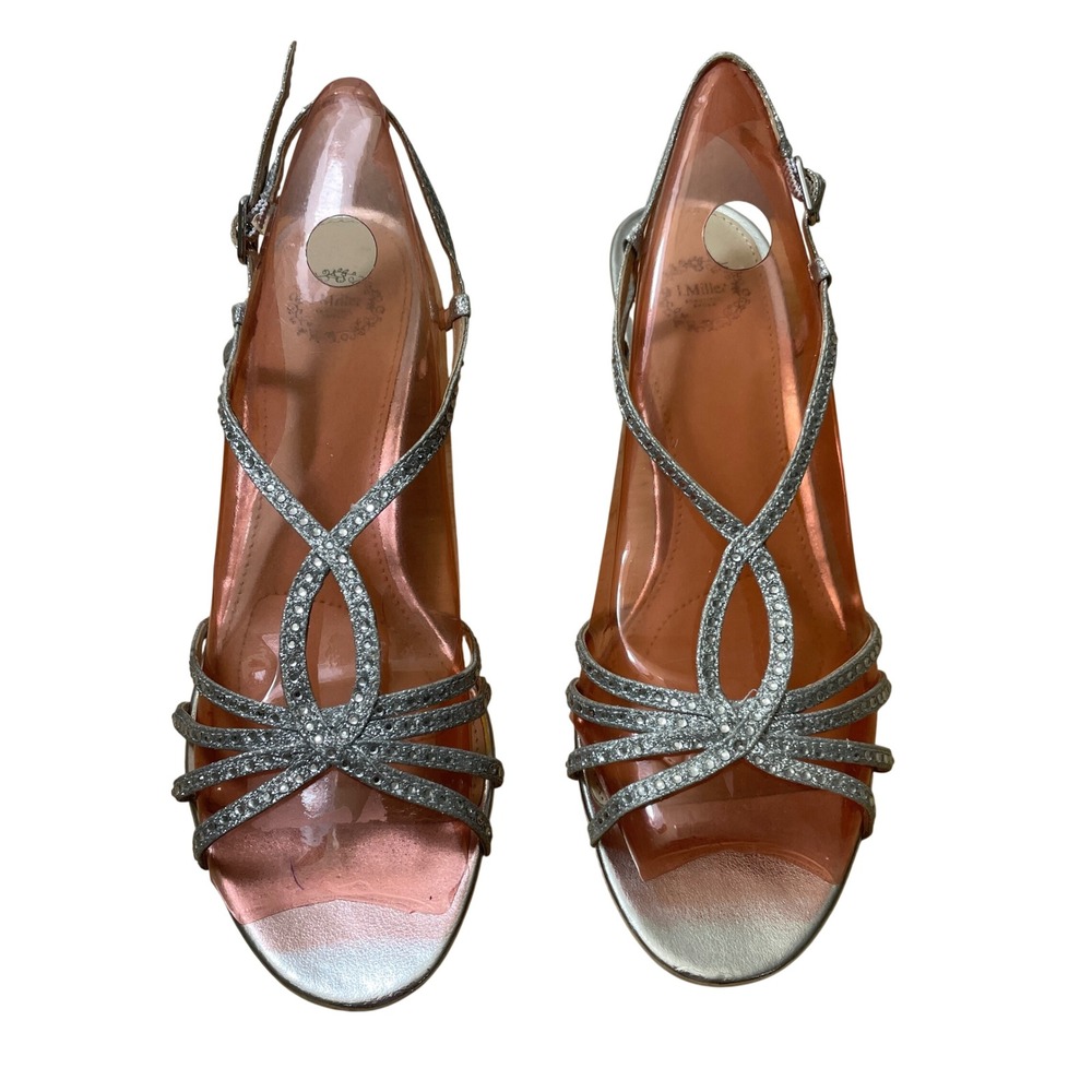 I. Miller Womens‎ Silver Glitter Rhinestone Strappy Clear Lucite Wedge Heels 8M